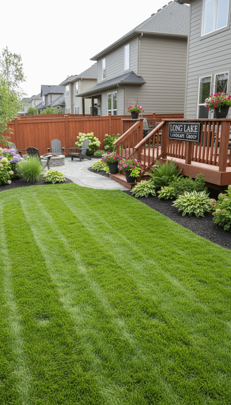 Clean, organized backyard after junk removal with a neat lawn and deck