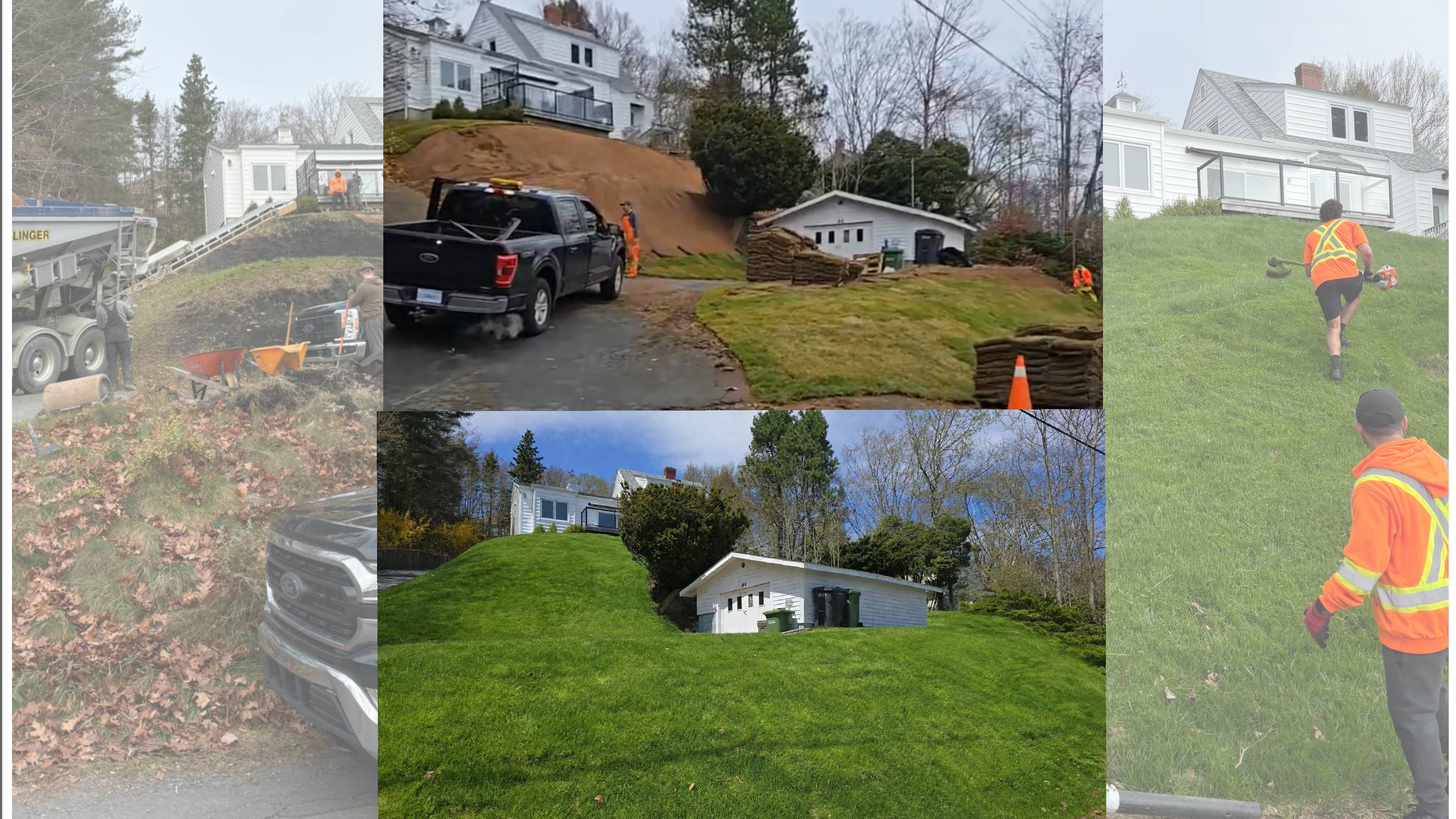 Landscaping workers transforming a steep residential hillside from bare earth to lush green lawn.