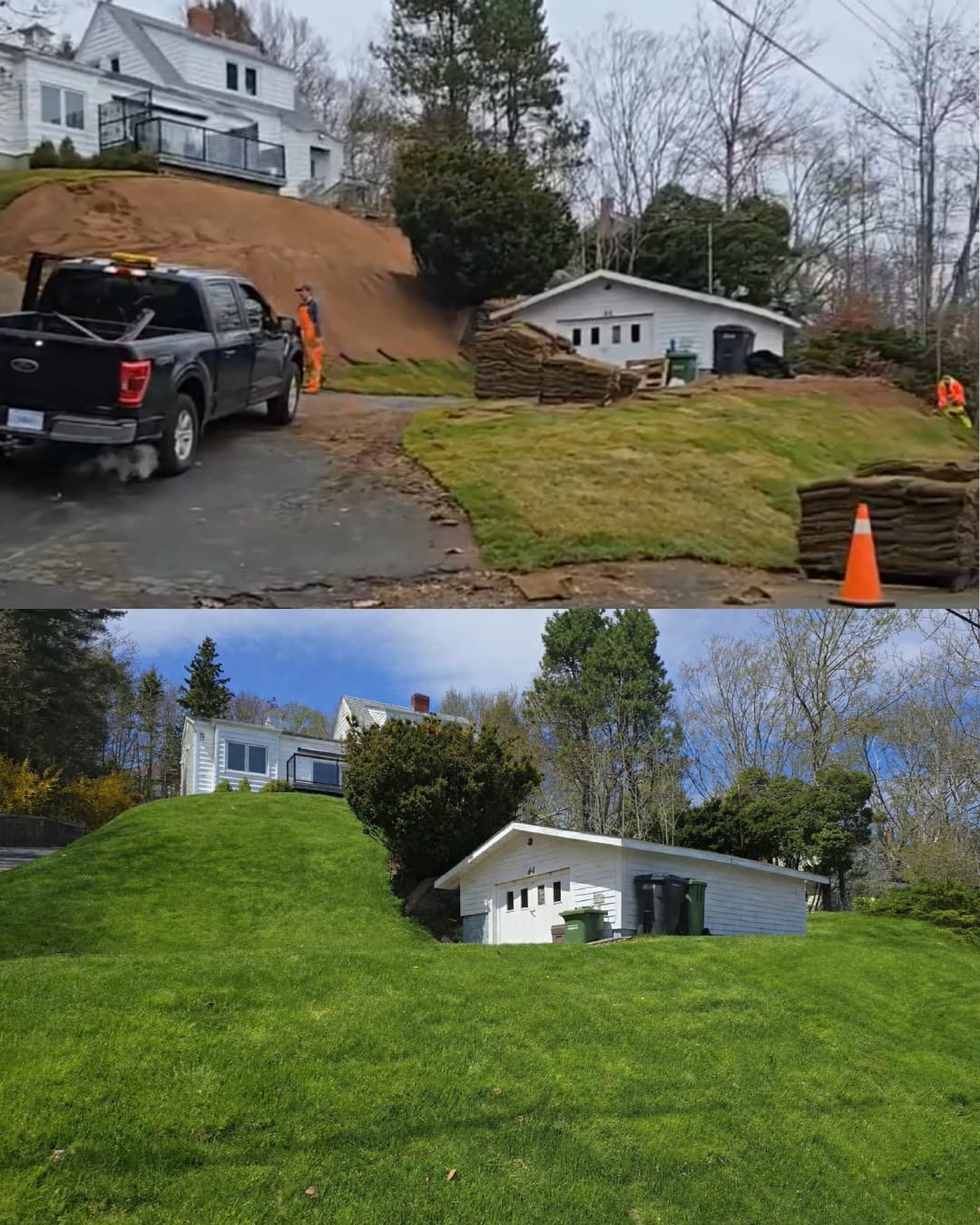 Before and after comparison of a hillside transformed from bare dirt to lush green grass.