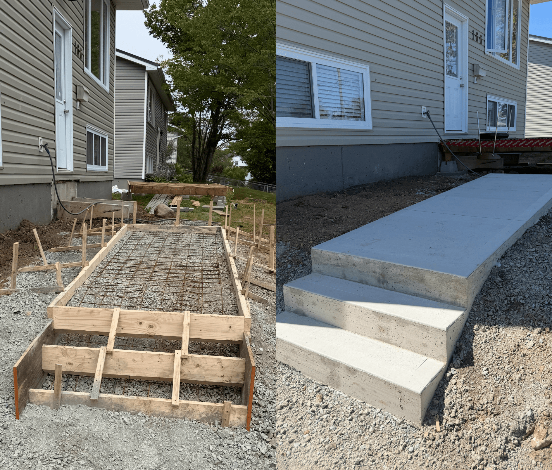 Side-by-side comparison of wooden forms with rebar and the finished smooth concrete steps.